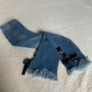 Redial Premium Denim Collection Corset Fringe Hem Blue Jeans sz 34/XS